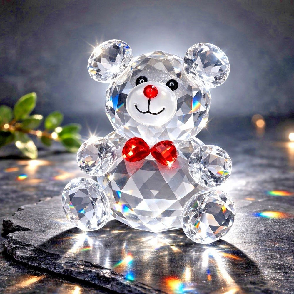 Clear Crystal Teddy Bear Figurine Black Eyes Red Nose‎ Bow 3" Decor
